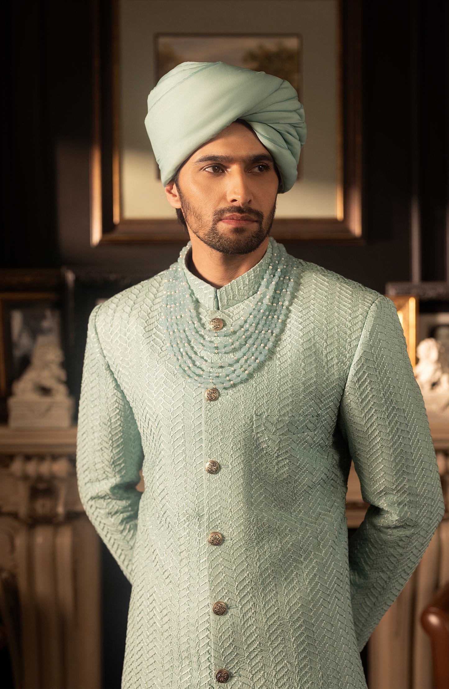 HSY Mint Blue Silk Sherwani for Weddings-Button design detail of mint blue silk sherwani outfit