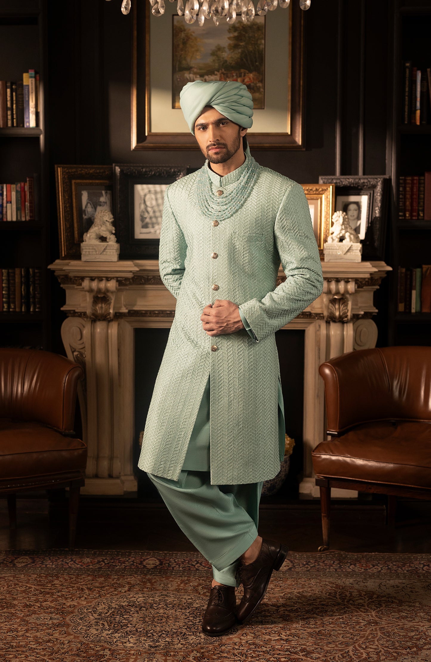 HSY Mint Blue Silk Sherwani for Weddings-Full wedding outfit view of mint blue silk sherwani set