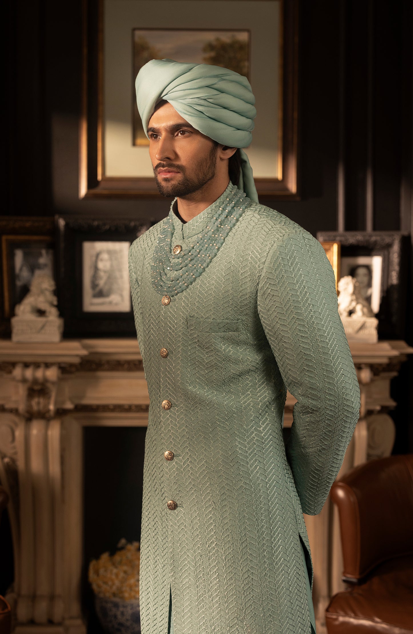 HSY Mint Blue Silk Sherwani for Weddings