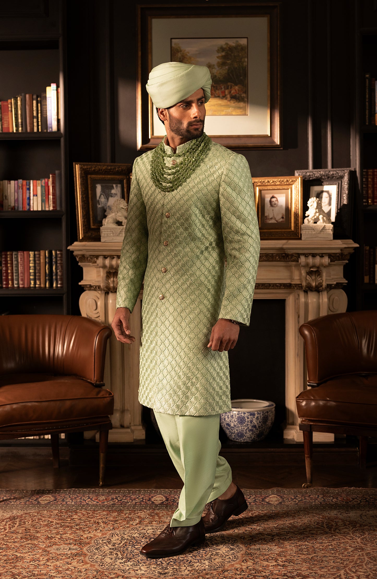 HSY Mint Green Sherwani in Silk for Weddings-Intricate embroidery detail on mint green silk wedding sherwani