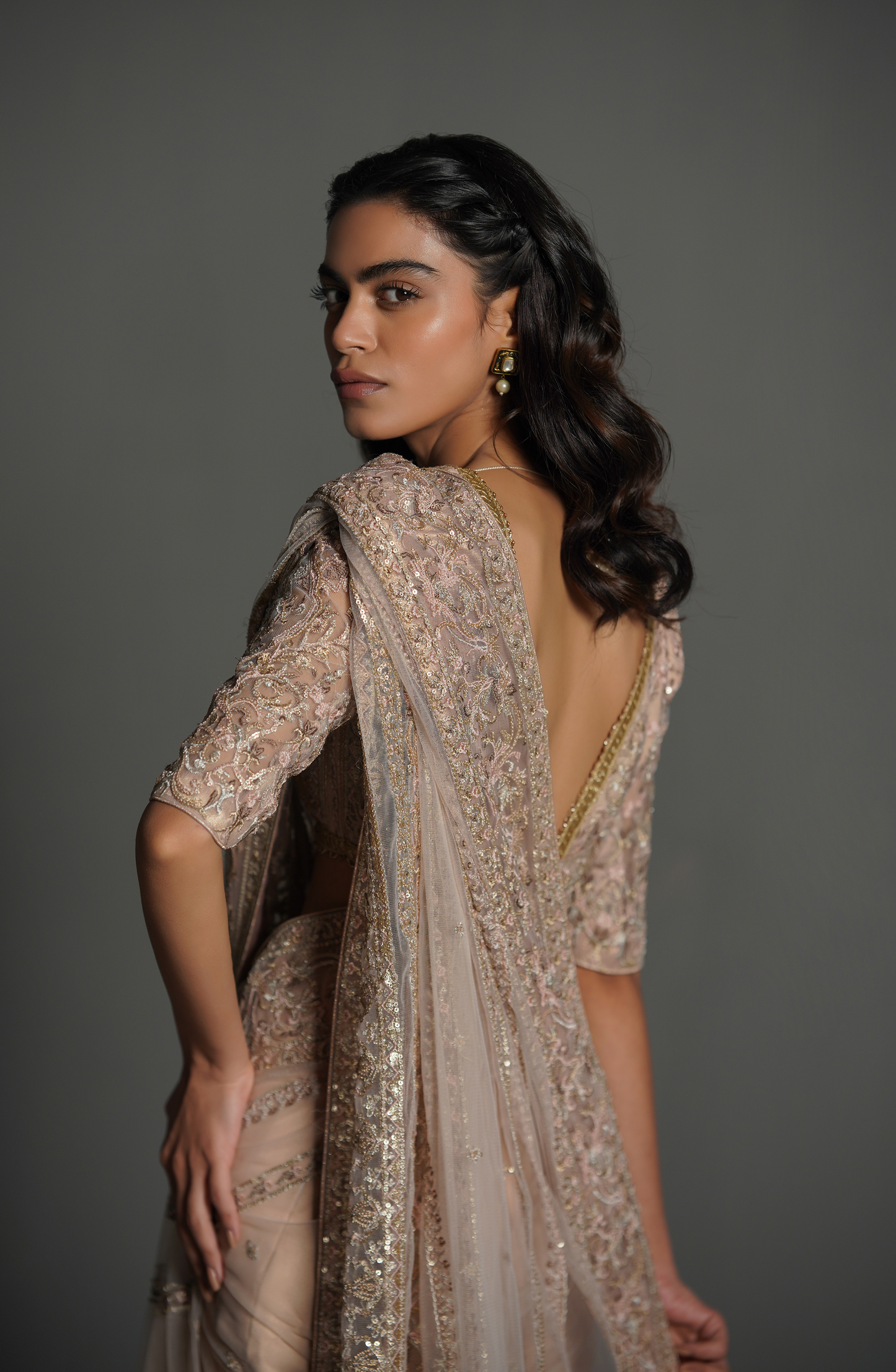 HSY Trousseau Luxury Saree for wedding or Party-Closeup embroidery details on misty pink saree set with handwork accents.