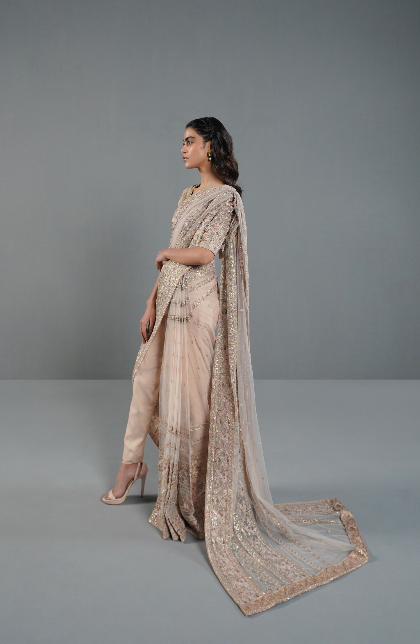 HSY Trousseau Luxury Saree for wedding or Party-Designer blouse paired with misty pink saree featuring intricate embroidery.