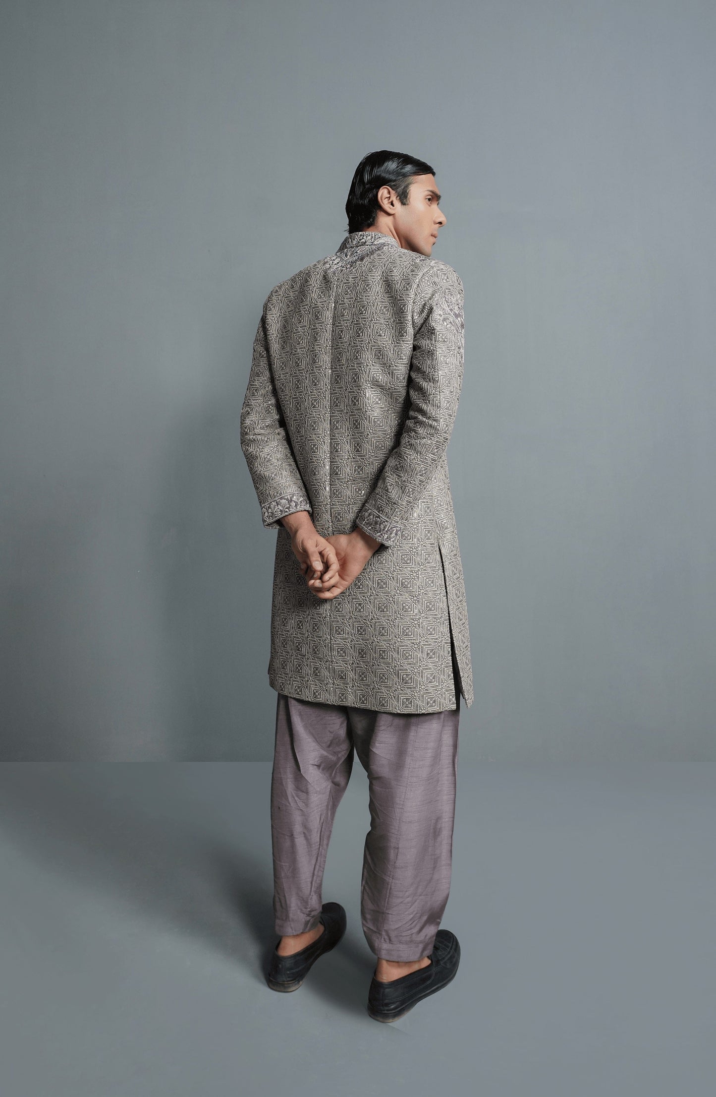 Men’s sherwani designs with intricate embroidery-Back design of Moonlight lilac silk sherwani for weddings