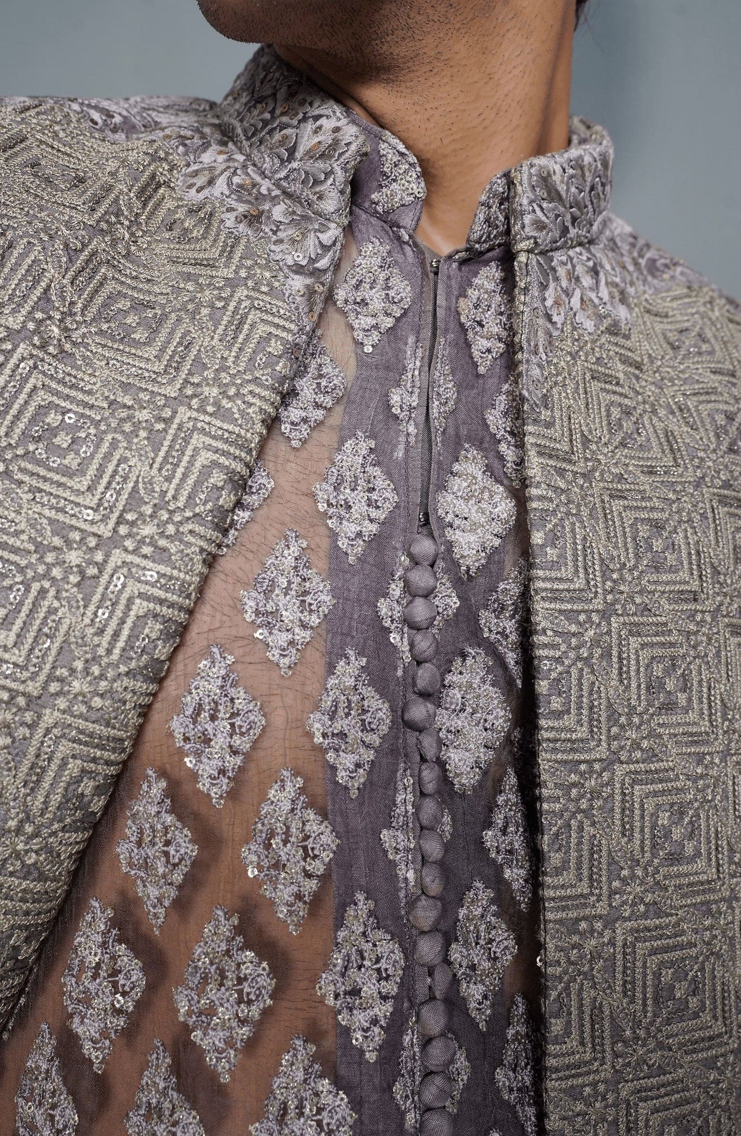 Custom-fit designer sherwanis for men-Closeup detailing of Moonlight elegant lilac silk sherwani