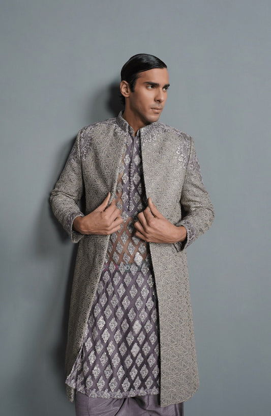 Moonlight - Elegant Lilac Silk Sherwani Set-Front view of Moonlight elegant lilac silk sherwani set