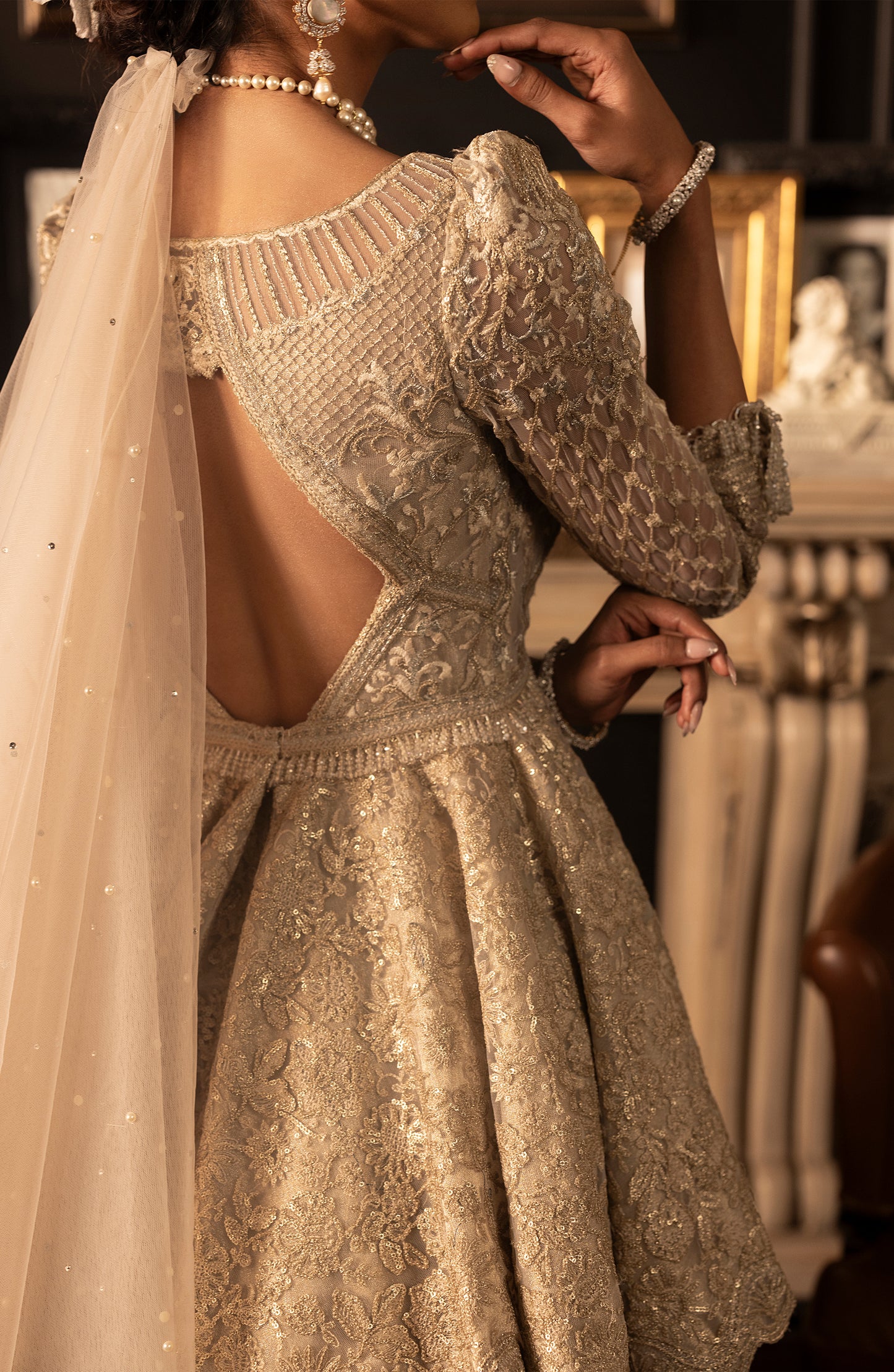 HSY Net Peplum Lehenga Ensemble-Elegant bridal look in net peplum lehenga with embroidery