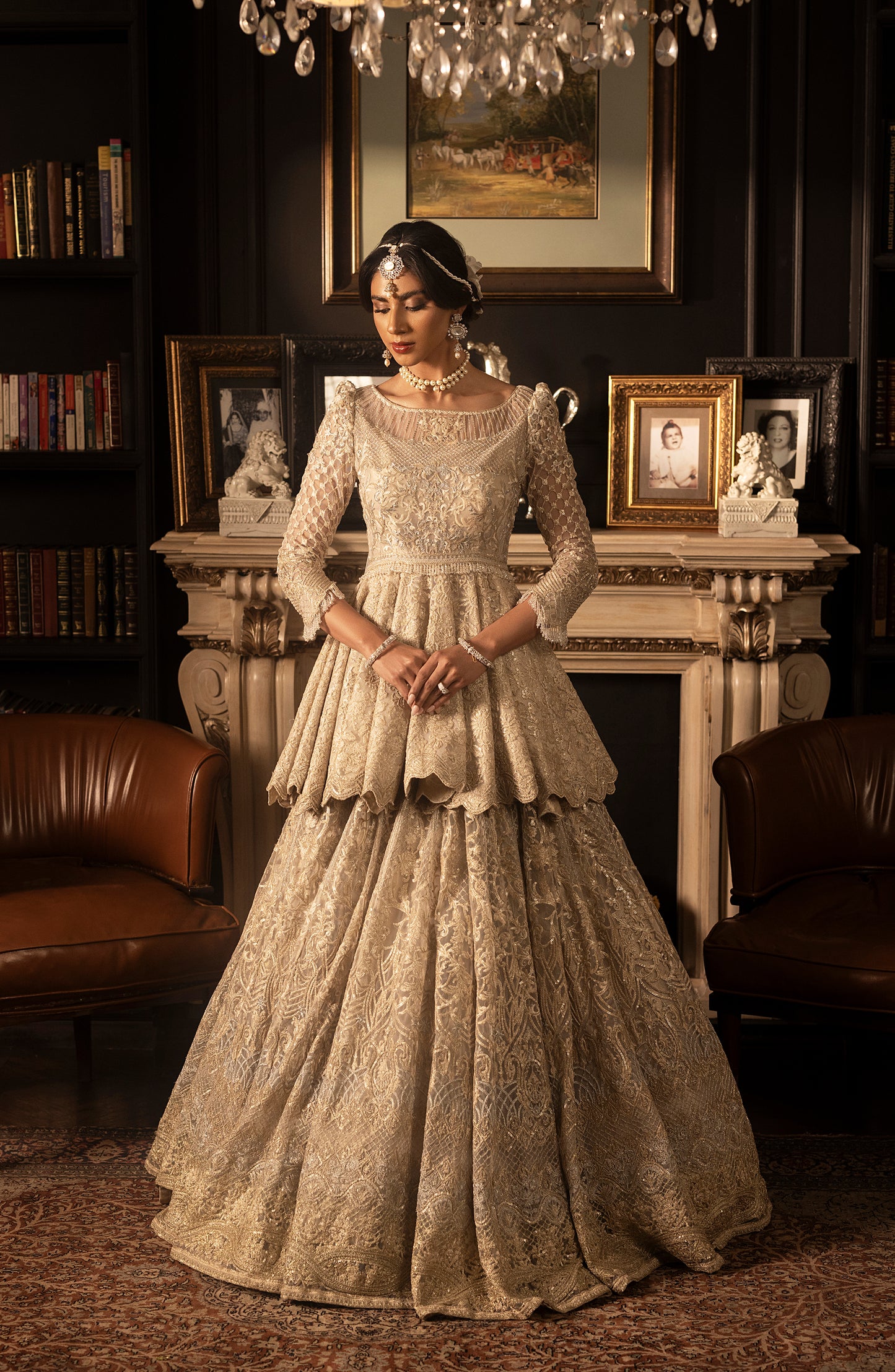 HSY BCW-02 - Net Peplum Lehenga Ensemble-Intricate embroidery details on net peplum lehenga outfit