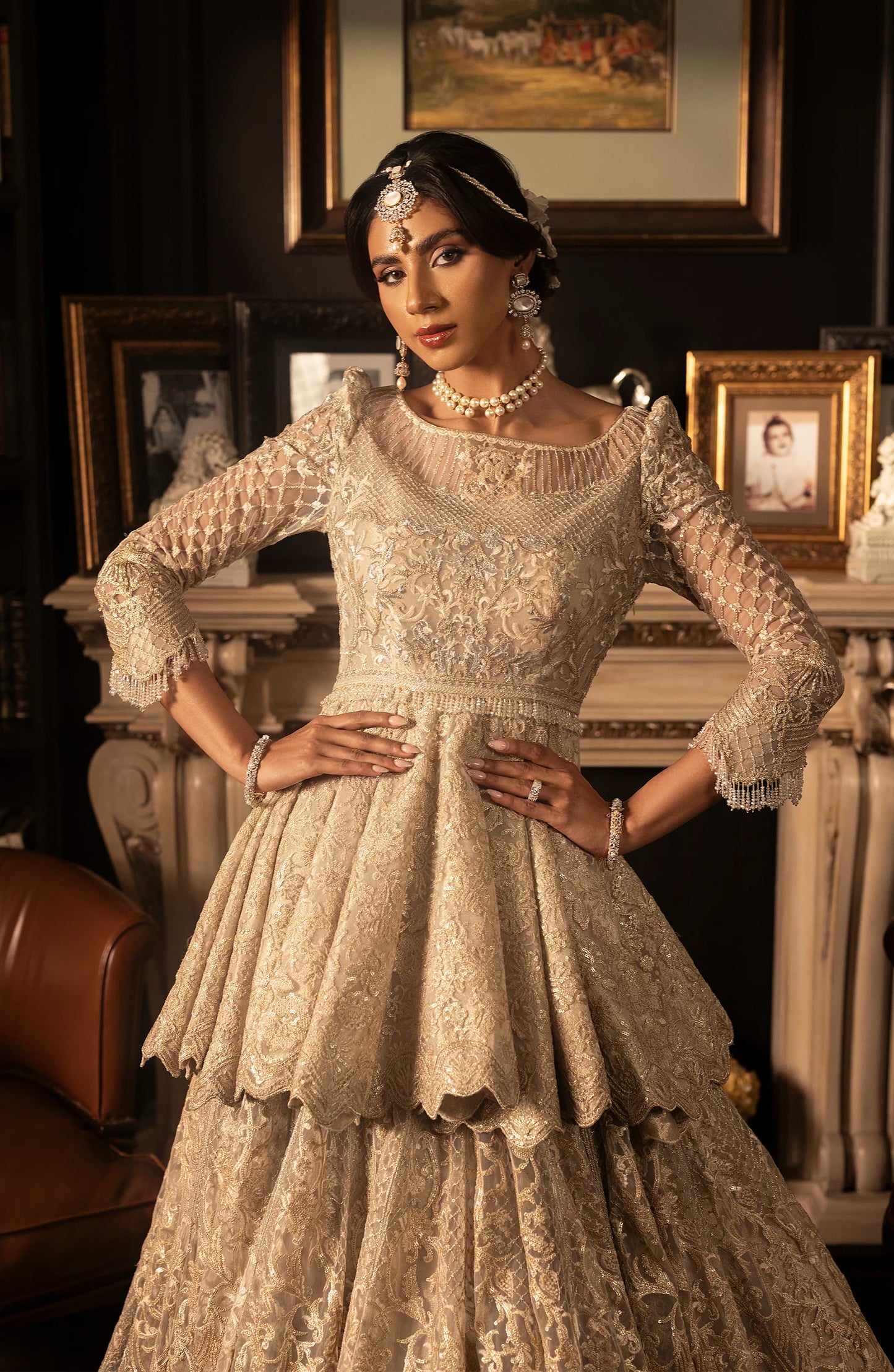 HSY BCW-02 - Net Peplum Lehenga Ensemble-Closeup of embroidery on net peplum lehenga ensemble