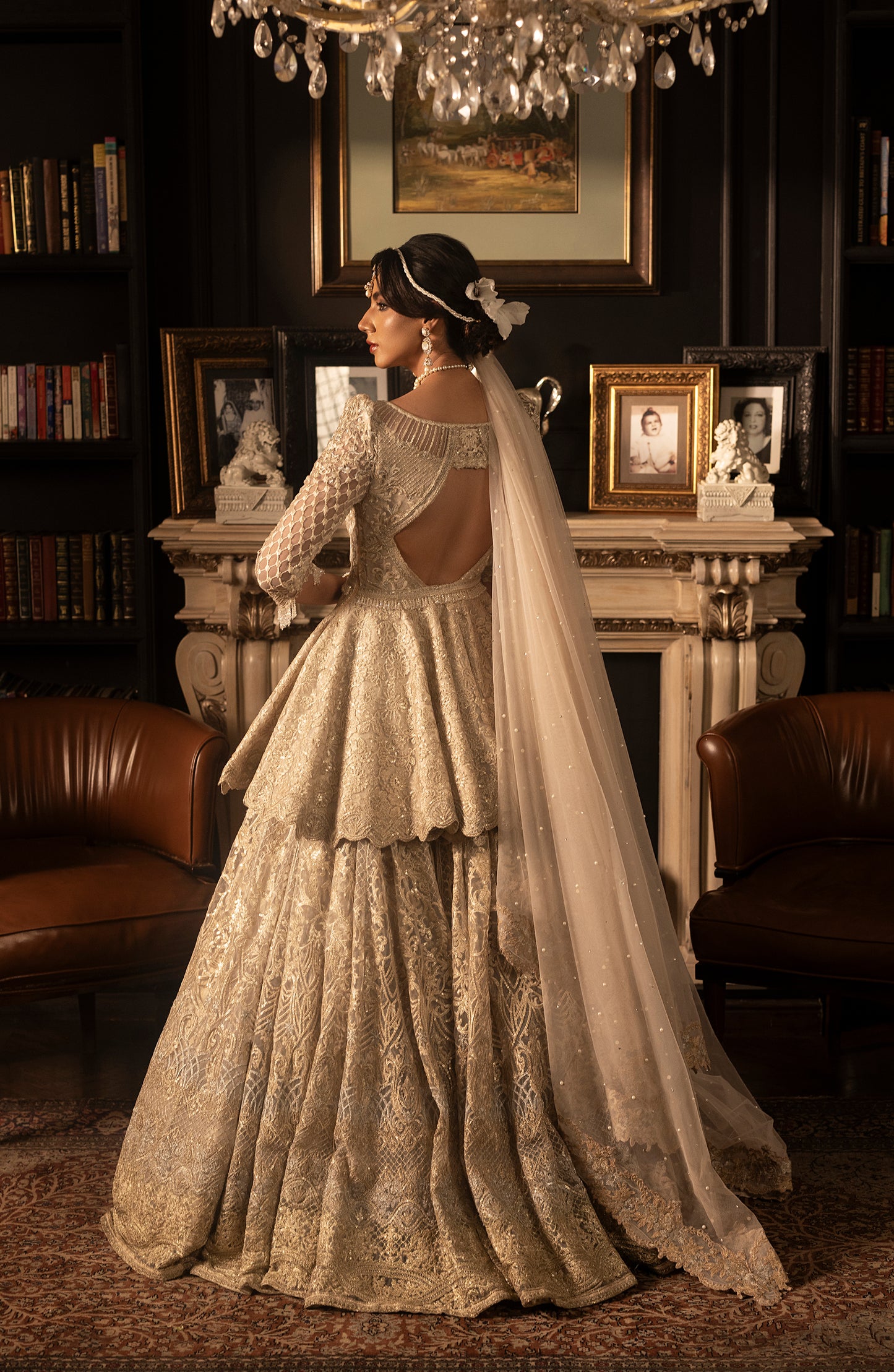 HSY BCW-02 - Net Peplum Lehenga Ensemble-Back view of model in net peplum lehenga bridal outfit
