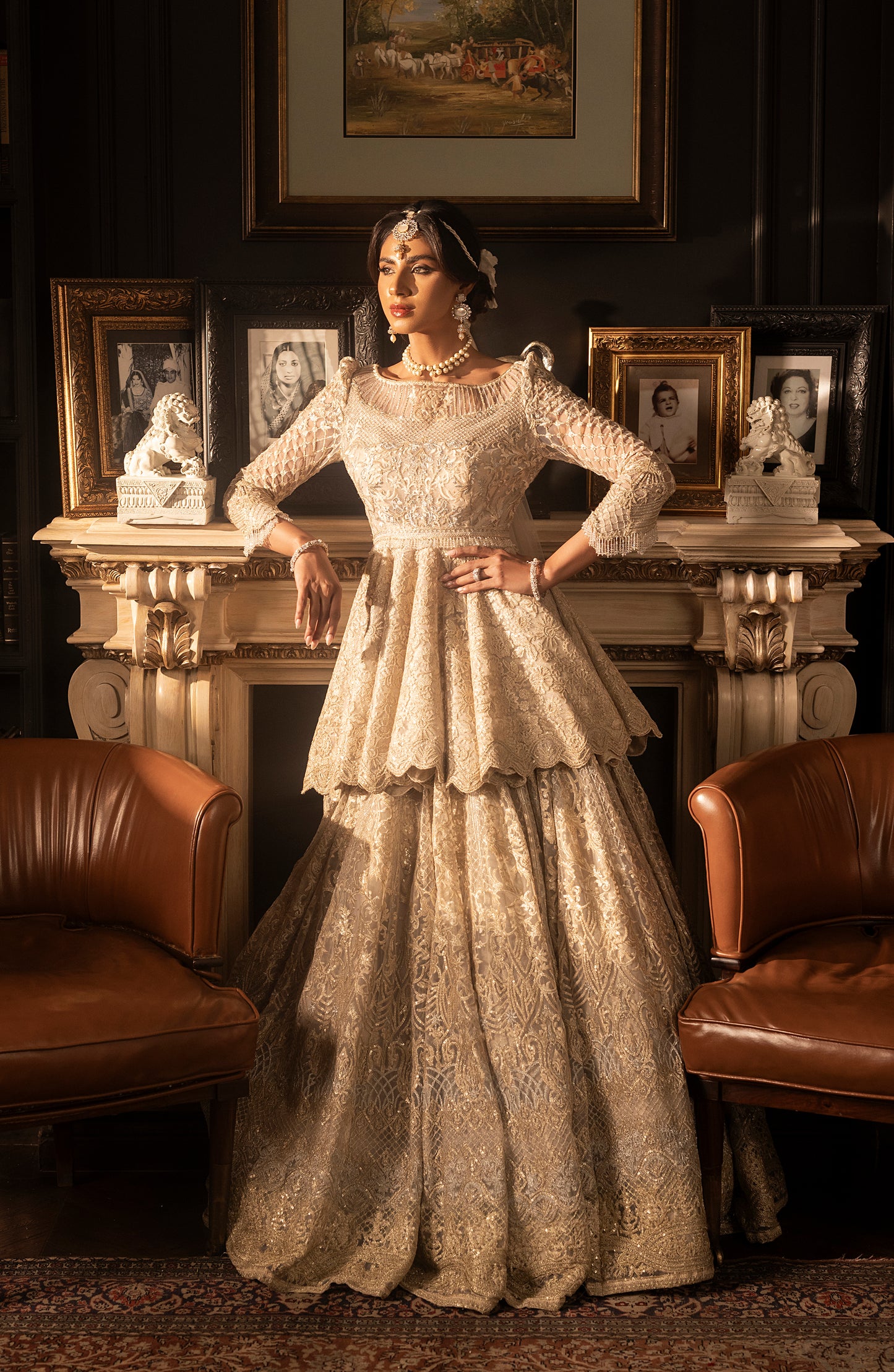 HSY BCW-02 - Net Peplum Lehenga Ensemble-Intricate embroidery details on net peplum lehenga outfit
