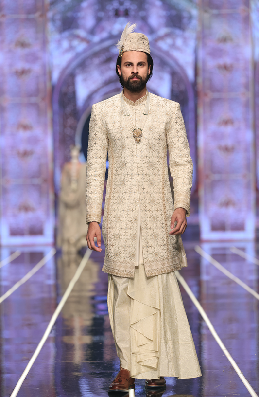 HSY Net Pishwas With Jamawar Sharara-Front view of elegant net pishwas with jamawar sharara