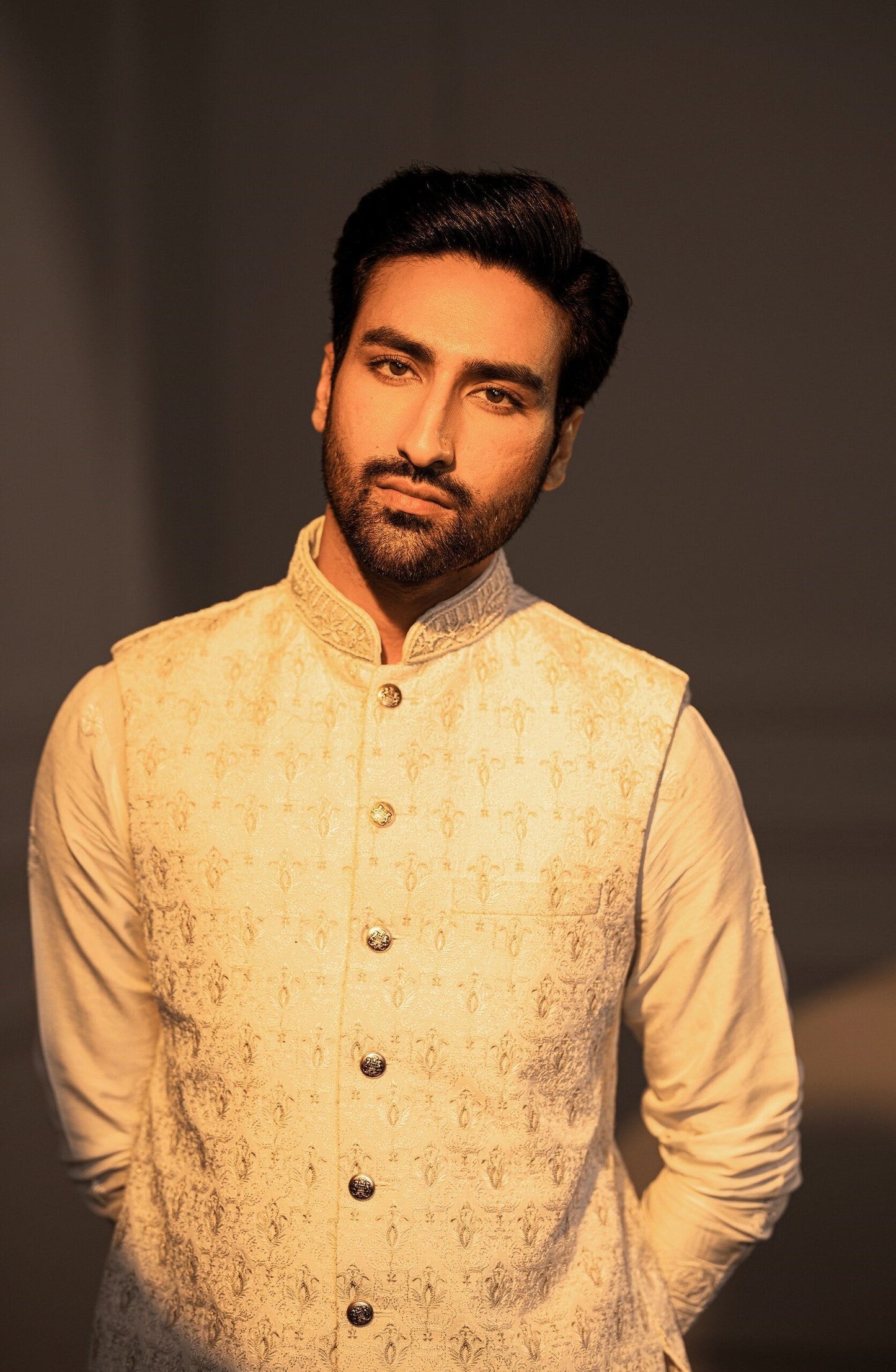 Luxury mens kurta for men in Pakistan-Close embroidery detail of Opulent White silk kurta formal ensemble.