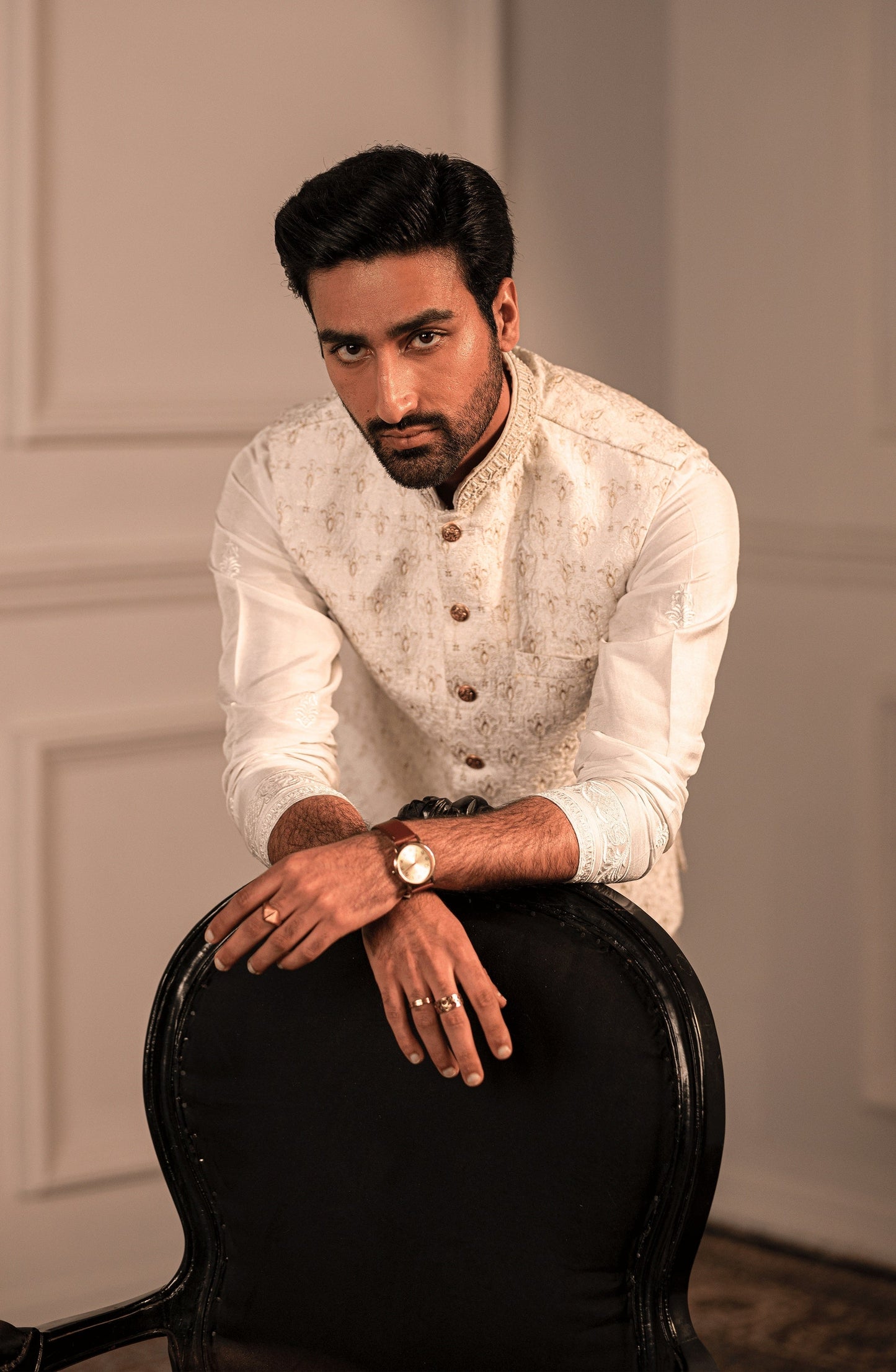 Kurta for male in Pakistan online by Trousseau HSY-Formal style of Opulent White embroidered silk kurta ensemble attire.