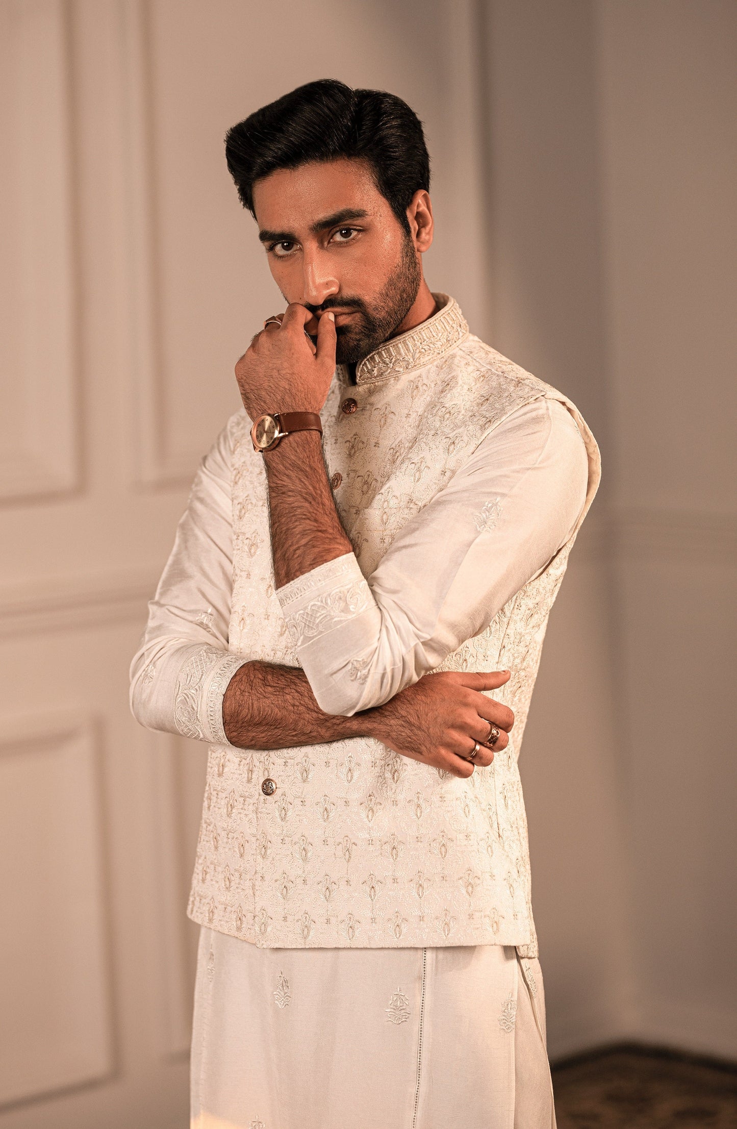 HSY designer menswear - Luxury menswear from Pakistan-Elegant Opulent White silk kurta ensemble with fine embroidery, front view.