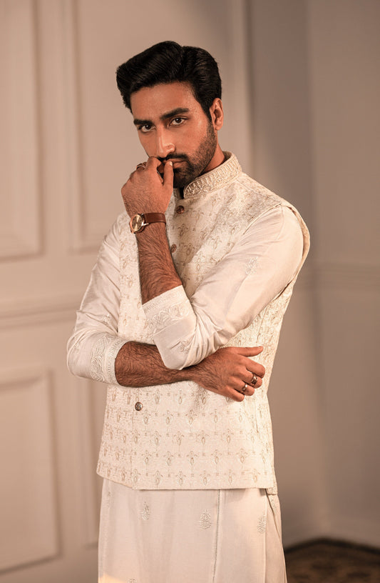 HSY designer menswear - Luxury menswear from Pakistan-Elegant Opulent White silk kurta ensemble with fine embroidery, front view.