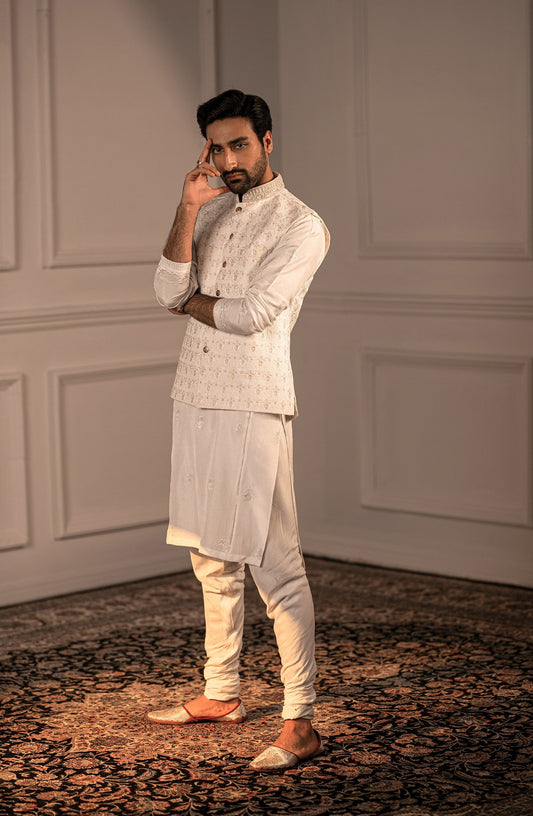 Pakistani kurta for men-Side profile of Opulent White embroidered silk kurta formal ensemble.