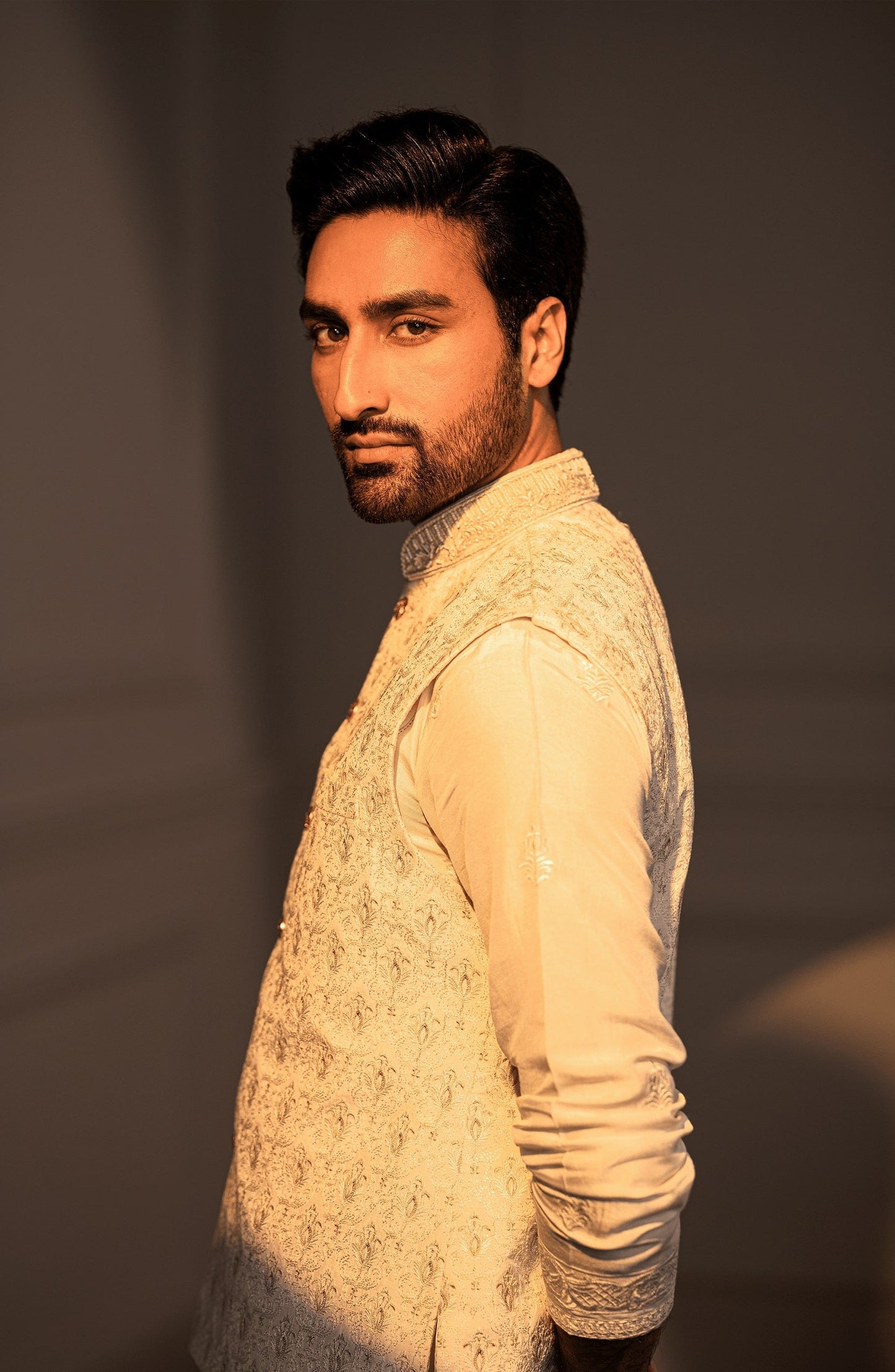 Kurta fashion for mens from Pakistani designers in USA online-Traditional ethnic look in Opulent White silk embroidered kurta outfit.