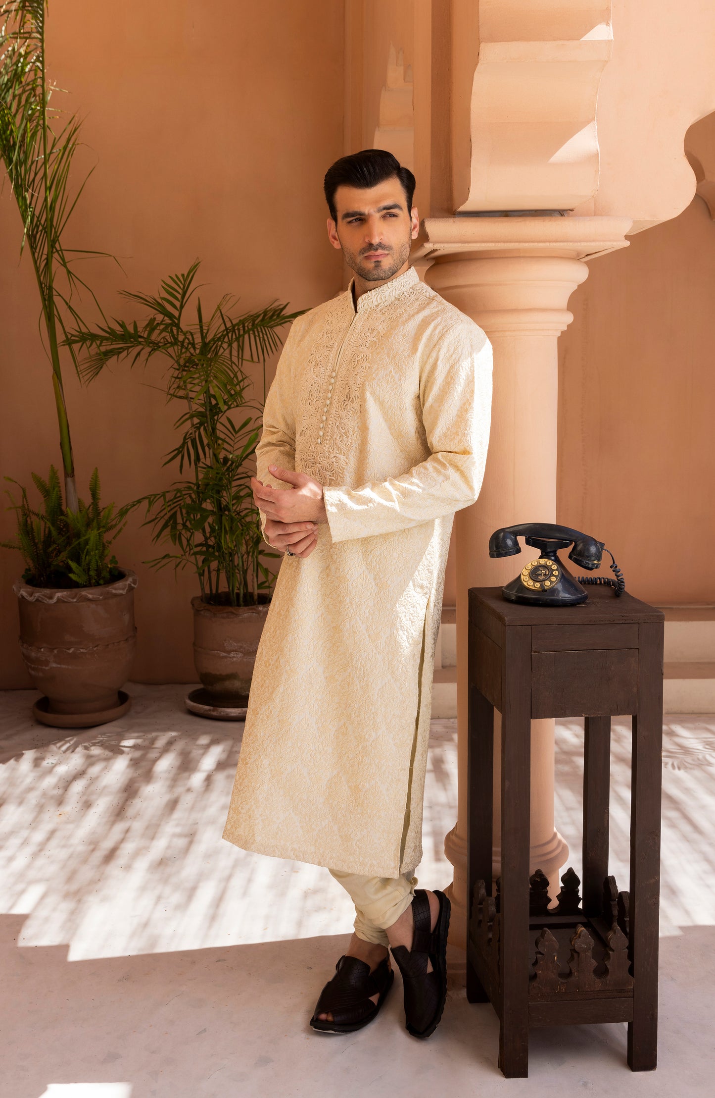 Full outfit view of pearl white kurta churidaar embroidered set
