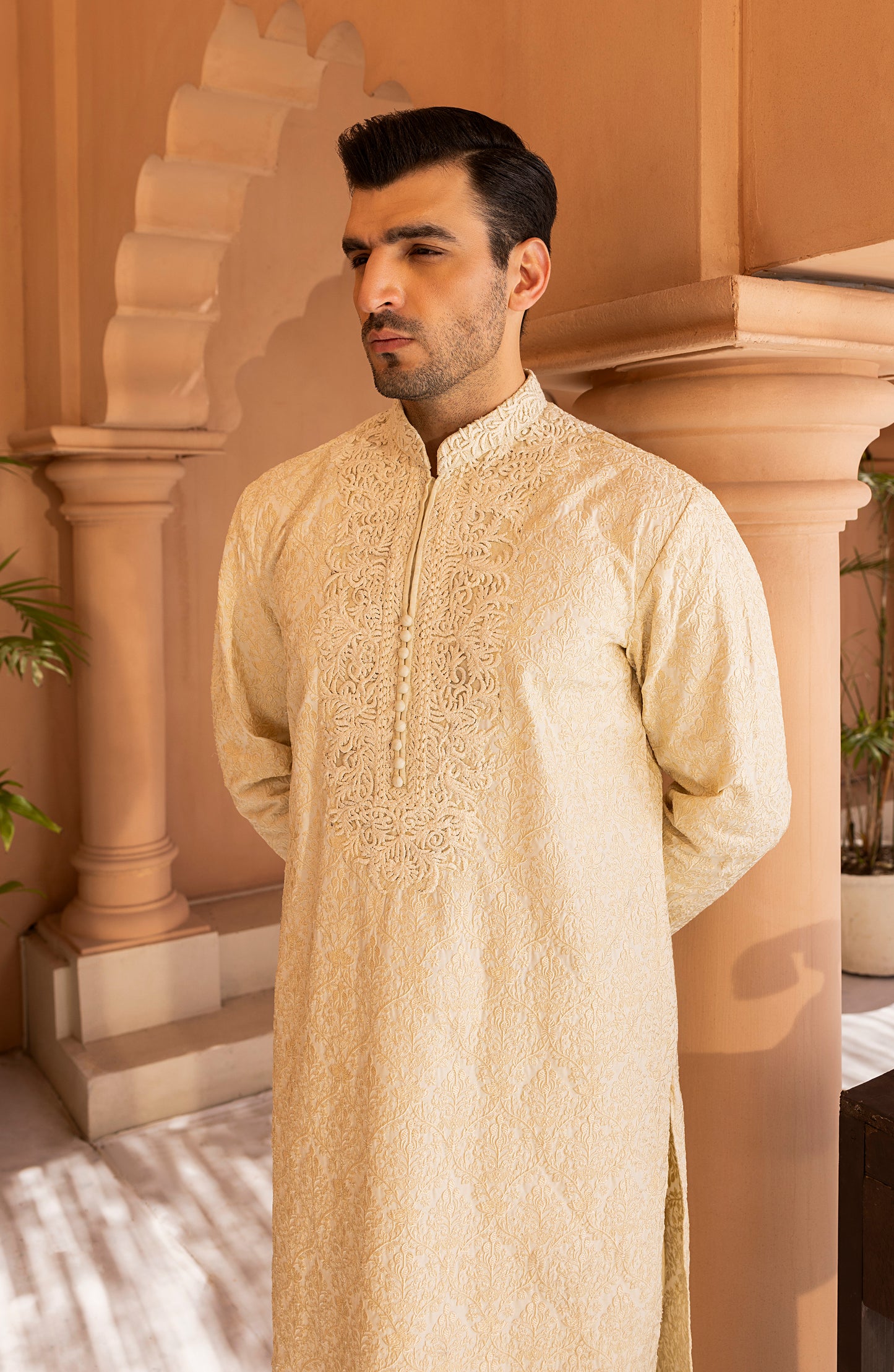 Neckline embroidery design of pearl white kurta churidaar