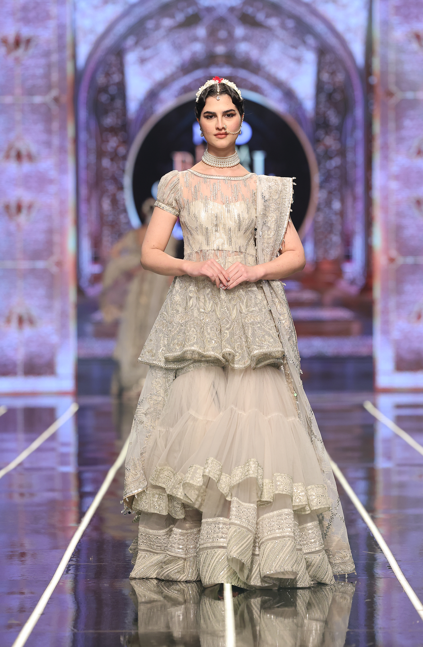 HSY Peplum Top With Tiered Gharara-Front view of peplum top with tiered gharara set