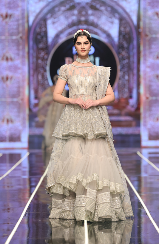 HSY Peplum Top With Tiered Gharara-Front view of peplum top with tiered gharara set