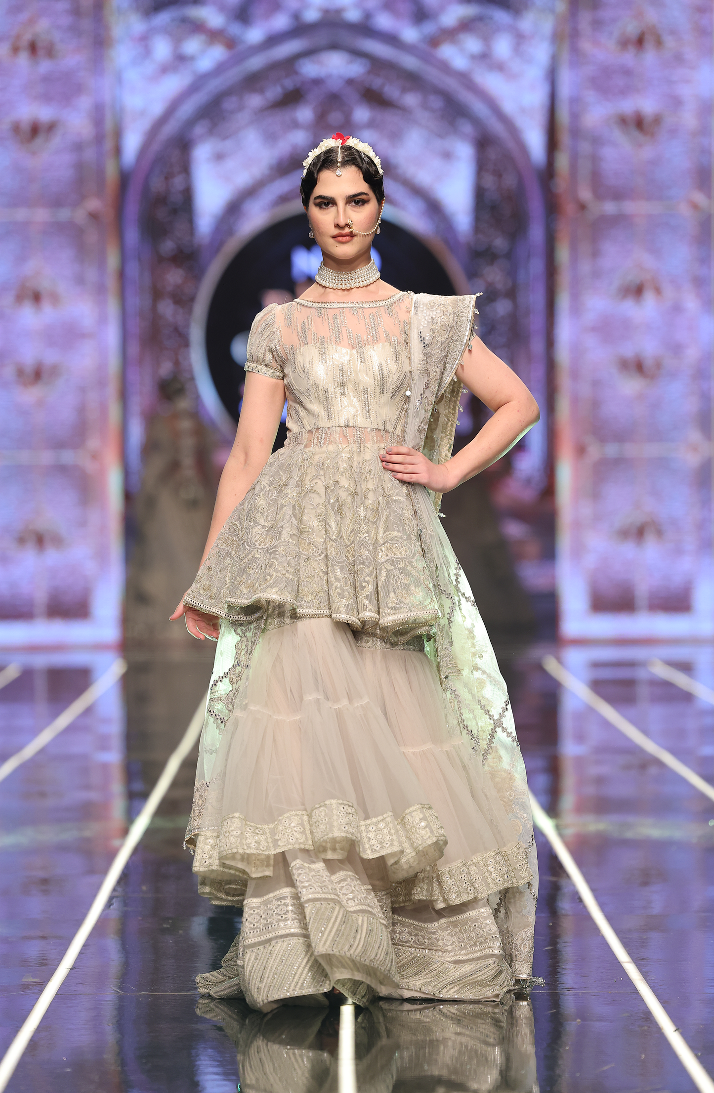 HSY Peplum Top With Tiered Gharara-Full festive outfit view of peplum top with tiered gharara
