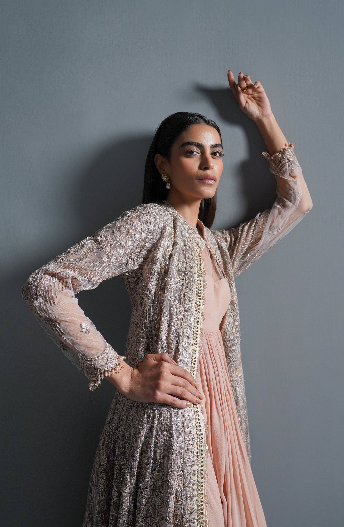 HSY Trousseau Luxury Formals gown women in USA-Designer blouse of Pink Haze ensemble featuring delicate detailing.