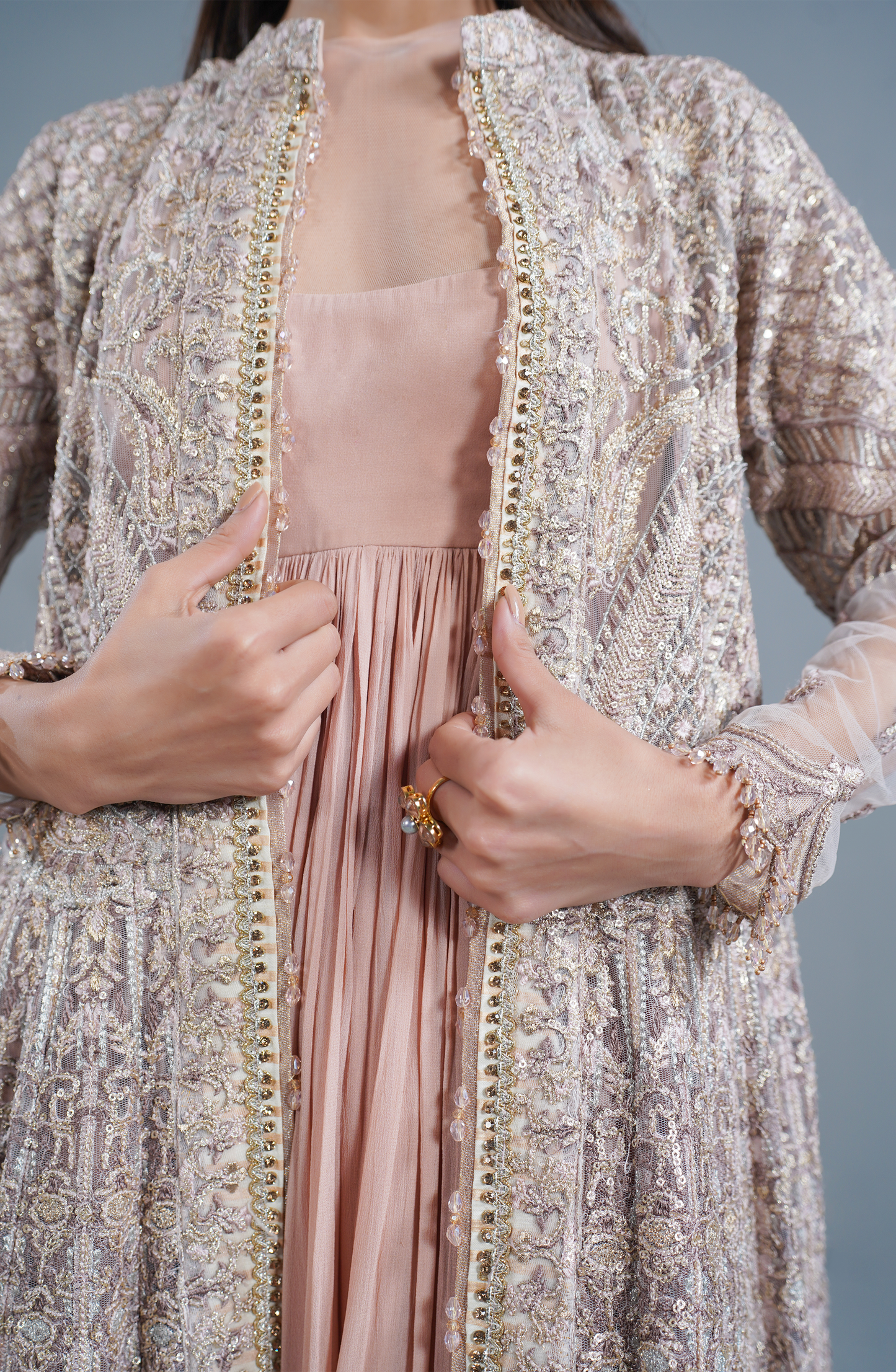 HSY Trousseau Luxury Formals gown women in USA-Closeup embroidery details on Pink Haze attire with jacket.