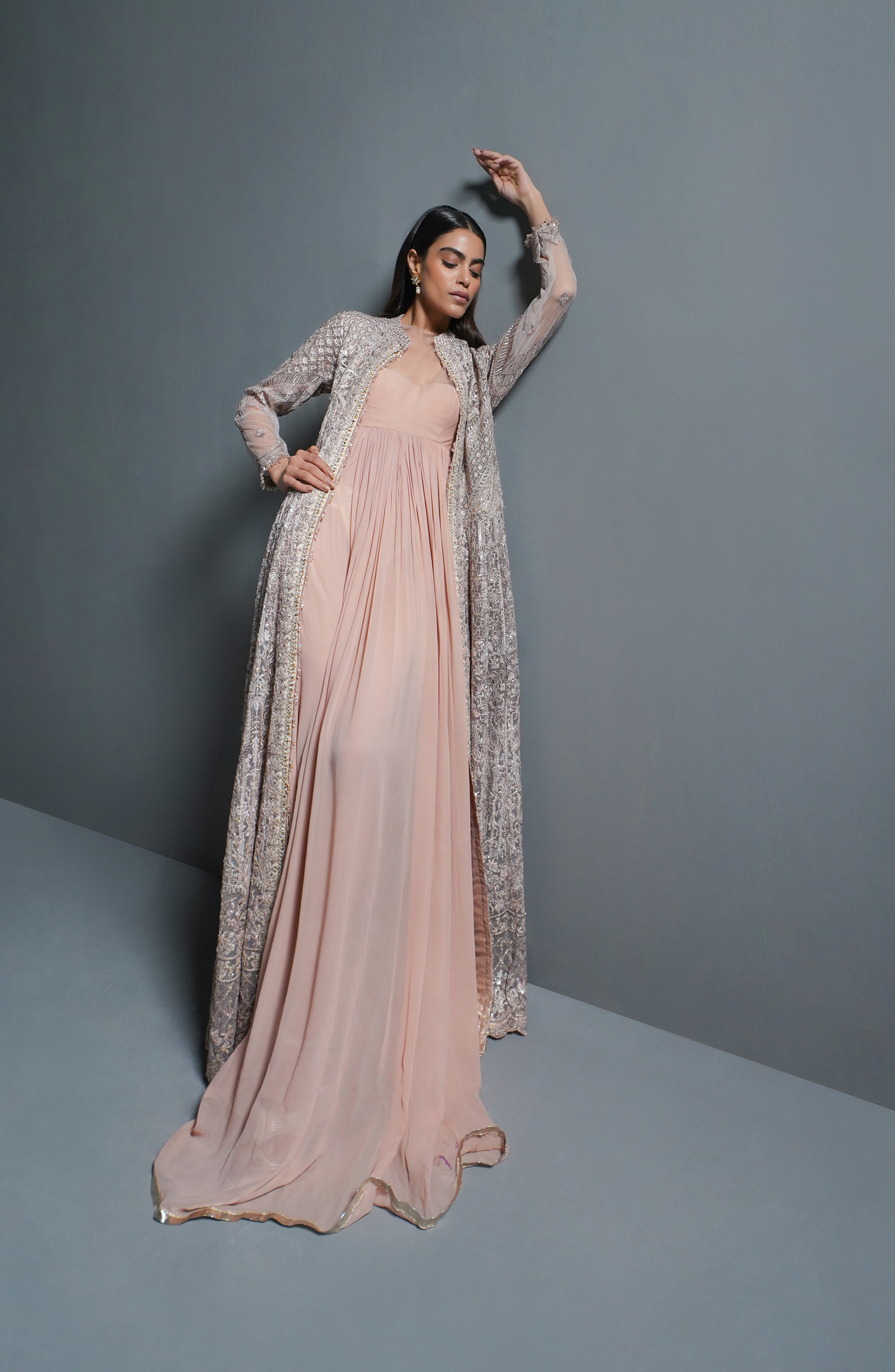 HSY Trousseau Luxury Formals gown women in USA-Flowing skirt flare of Pink Haze attire with jacket, designed with embellishments.