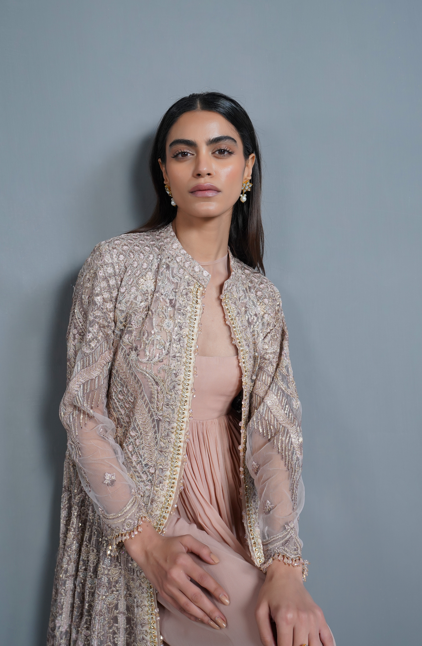 HSY Trousseau Luxury Formals gown women in USA-Traditional ethnic look styled in Pink Haze attire with embroidered jacket for festive wear.