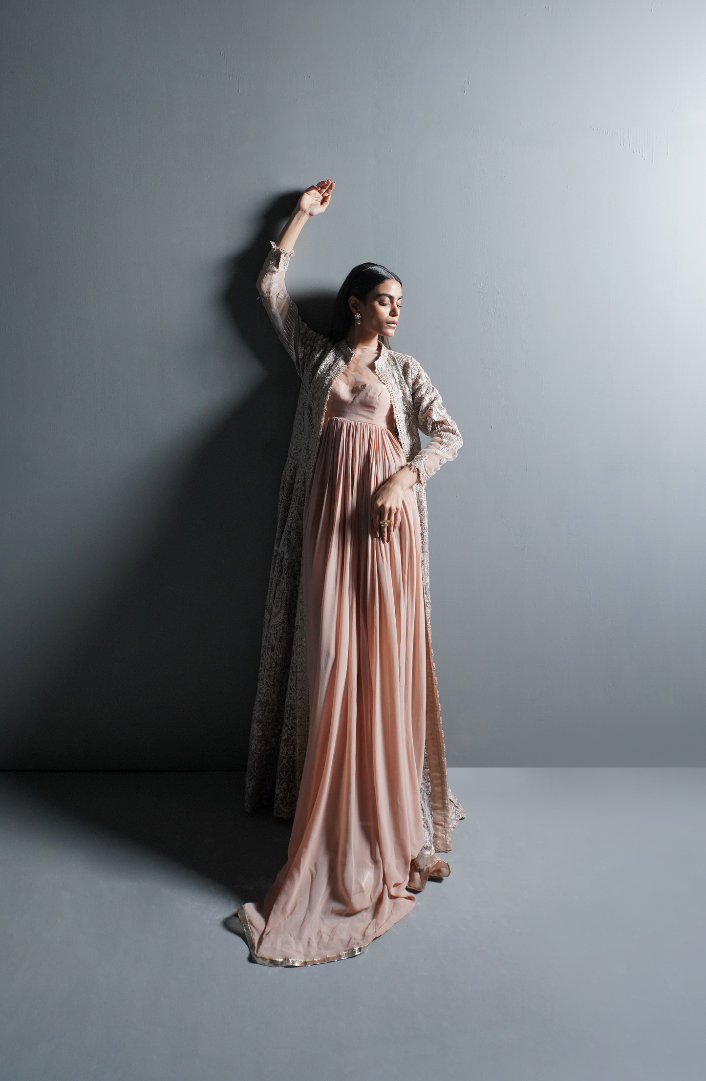 HSY Trousseau Luxury Formals for women in USA-Full outfit view of Pink Haze stunning attire paired with embroidered jacket.