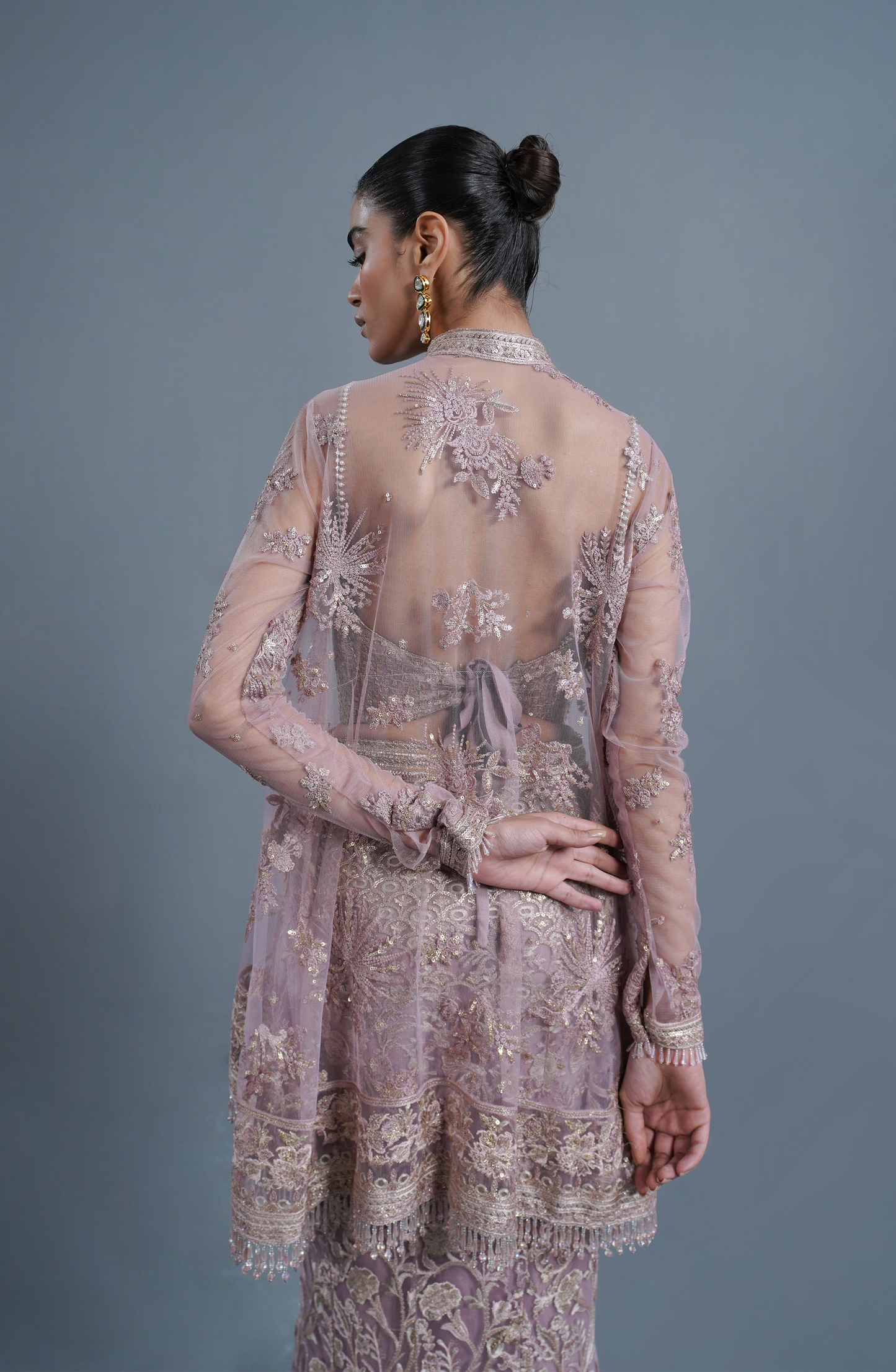 HSY Trousseau Luxury wedding formals for women-Back design of blouse from smokey rose embroidered ensemble with elegant finish.
