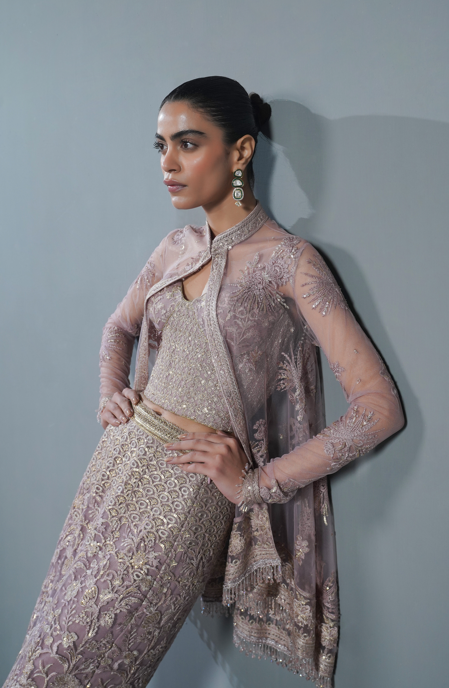 HSY Trousseau Luxury formals for womenDetailed hand embroidery and closeup artistry on smokey rose ensemble.