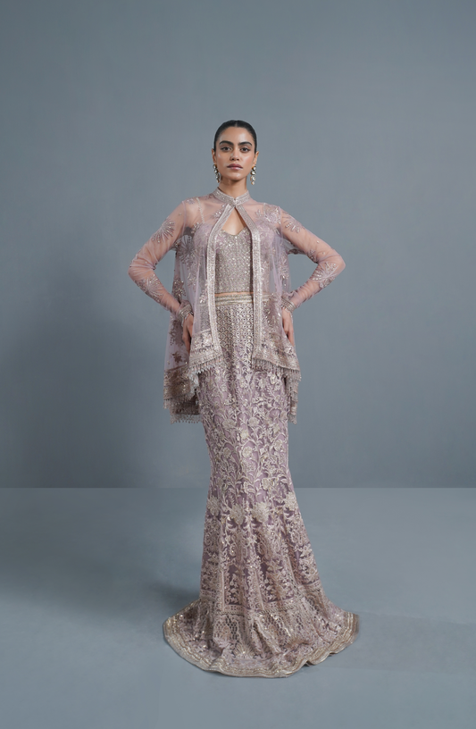 HSY Trousseau Luxury wedding formals for women-Full outfit view of Pixie Dust embroidered smokey rose ensemble with dupatta.
