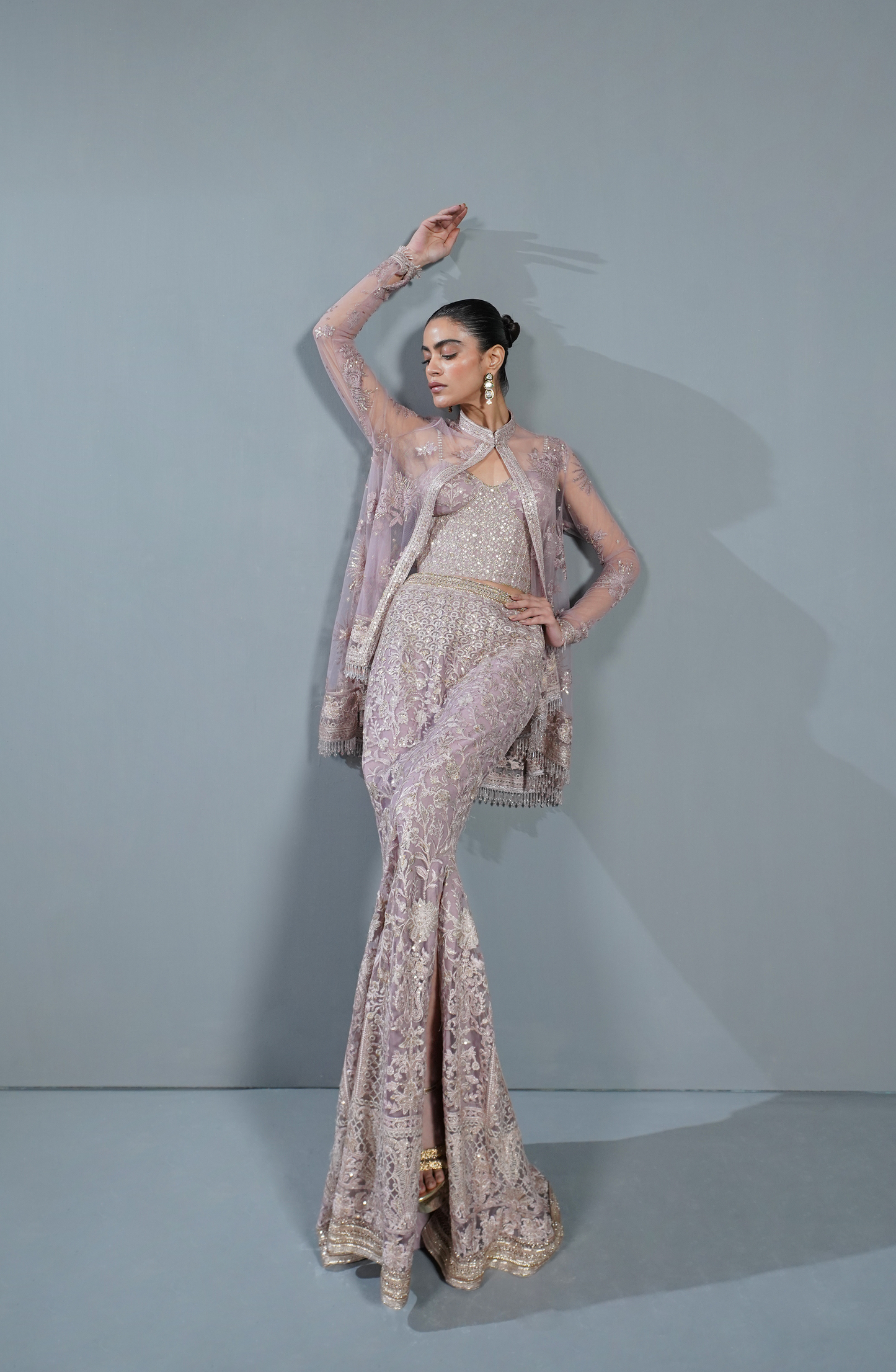 HSY Trousseau Luxury wedding formals for women-Flowing skirt flare of smokey rose ensemble with embellished border details.