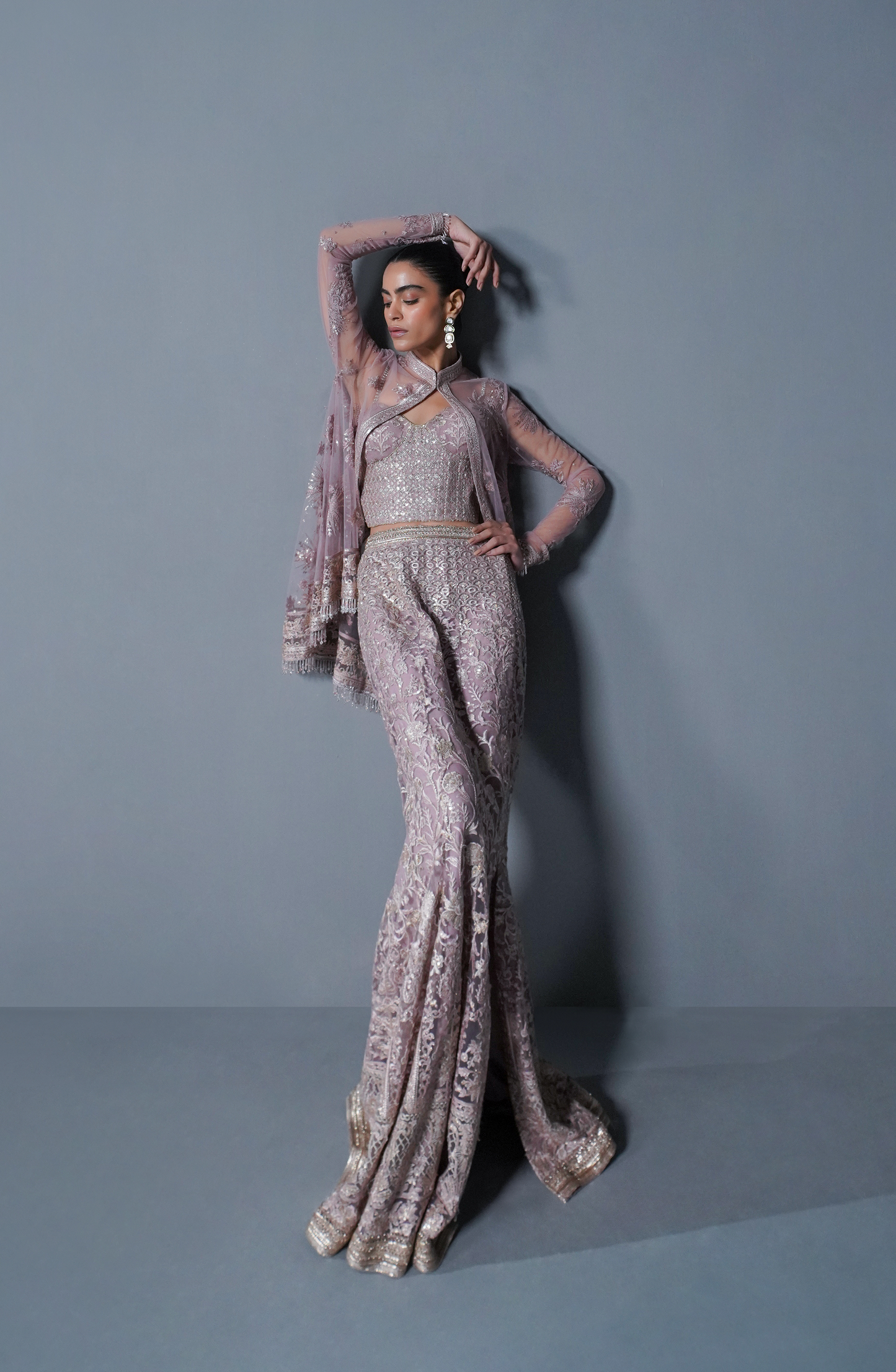 HSY Trousseau Luxury formals for women-Traditional ethnic look styled in Pixie Dust smokey rose embroidered ensemble for festive wear.