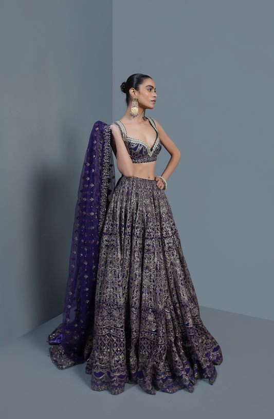 Plum Royale - Chic Lehenga Choli-Front view of Plum Royale chic lehenga choli set-Front view of Plum Royale chic lehenga choli set