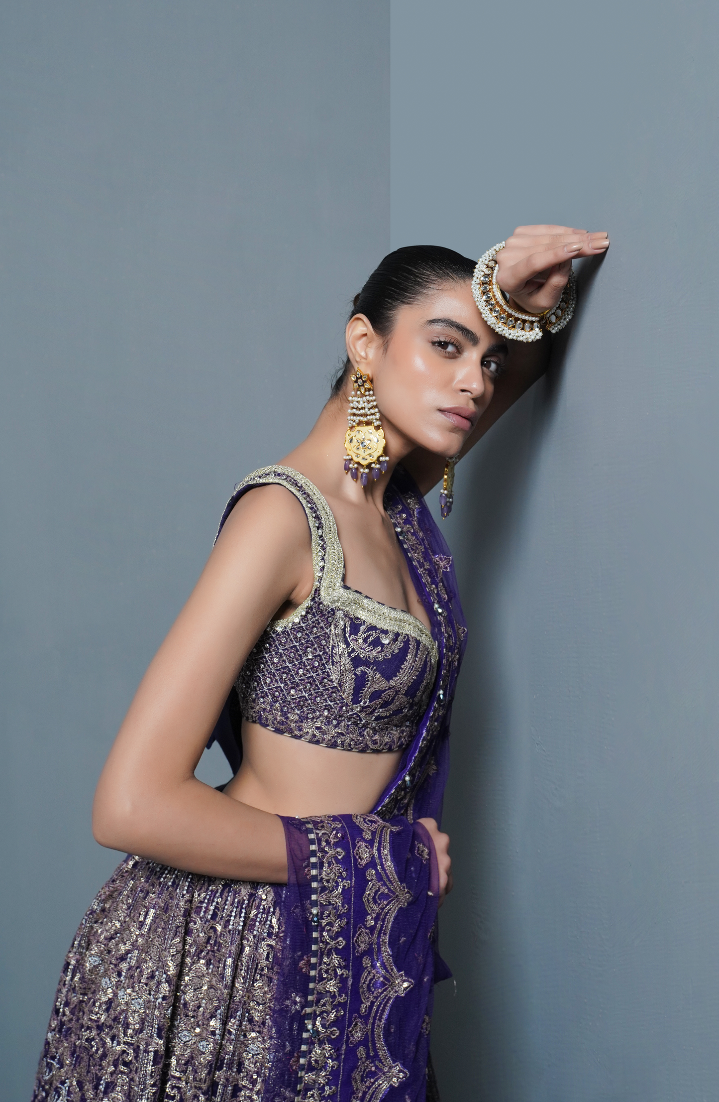 Indian wedding dresses USA-Side profile of Plum Royale chic lehenga choli ensemble