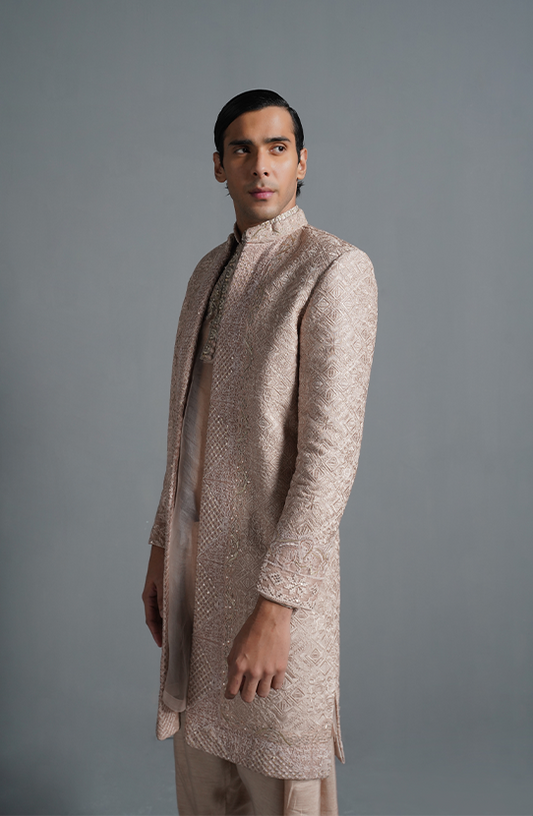 Primrose Pink - Embroidered Sherwani-Elegant primrose pink embroidered sherwani featuring front design.