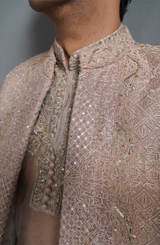designer sherwani online-Detailed neckline design of primrose pink sherwani showcasing fine craftsmanship.