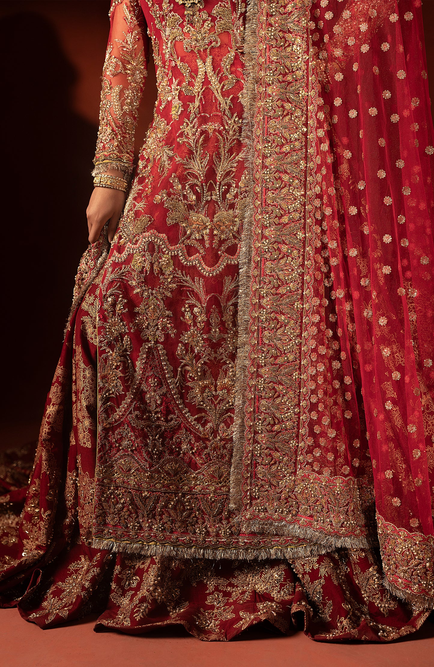 Raspberry red festive lehenga set with modern shirt blouse design