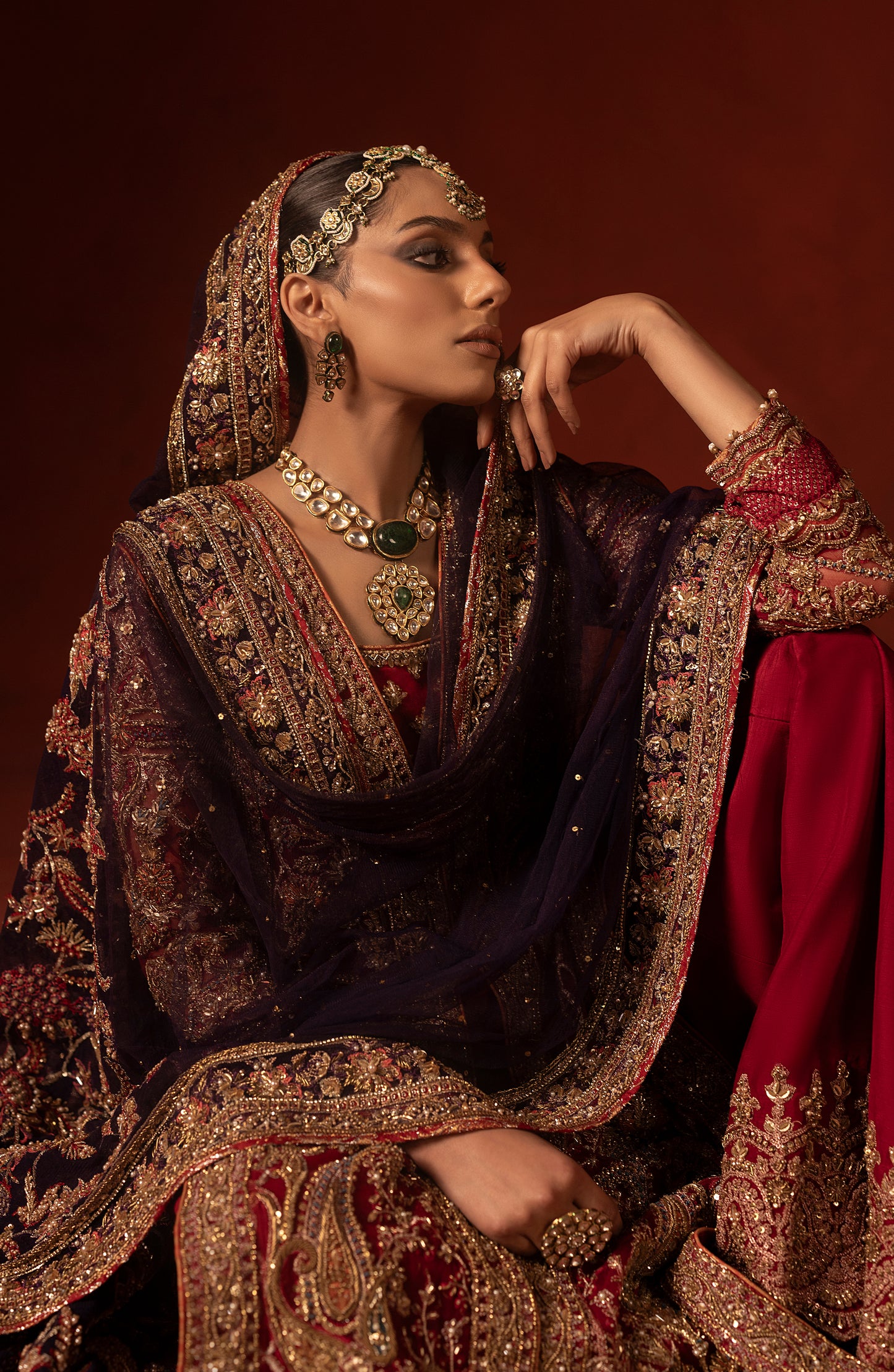 Dupatta styling with red front open shirt and azaar pants
