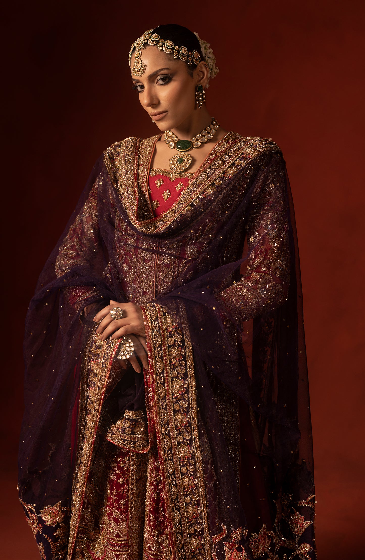 Front view of red front open shirt with azaar pants set