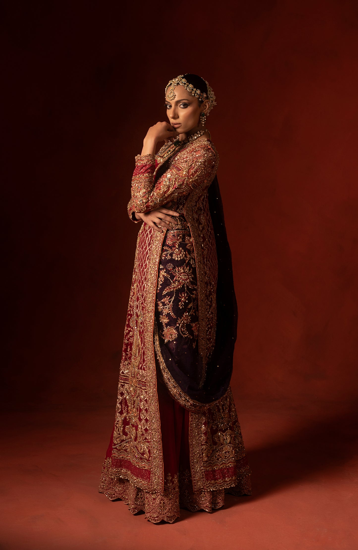 Sleeve design of red front open shirt with azaar pants