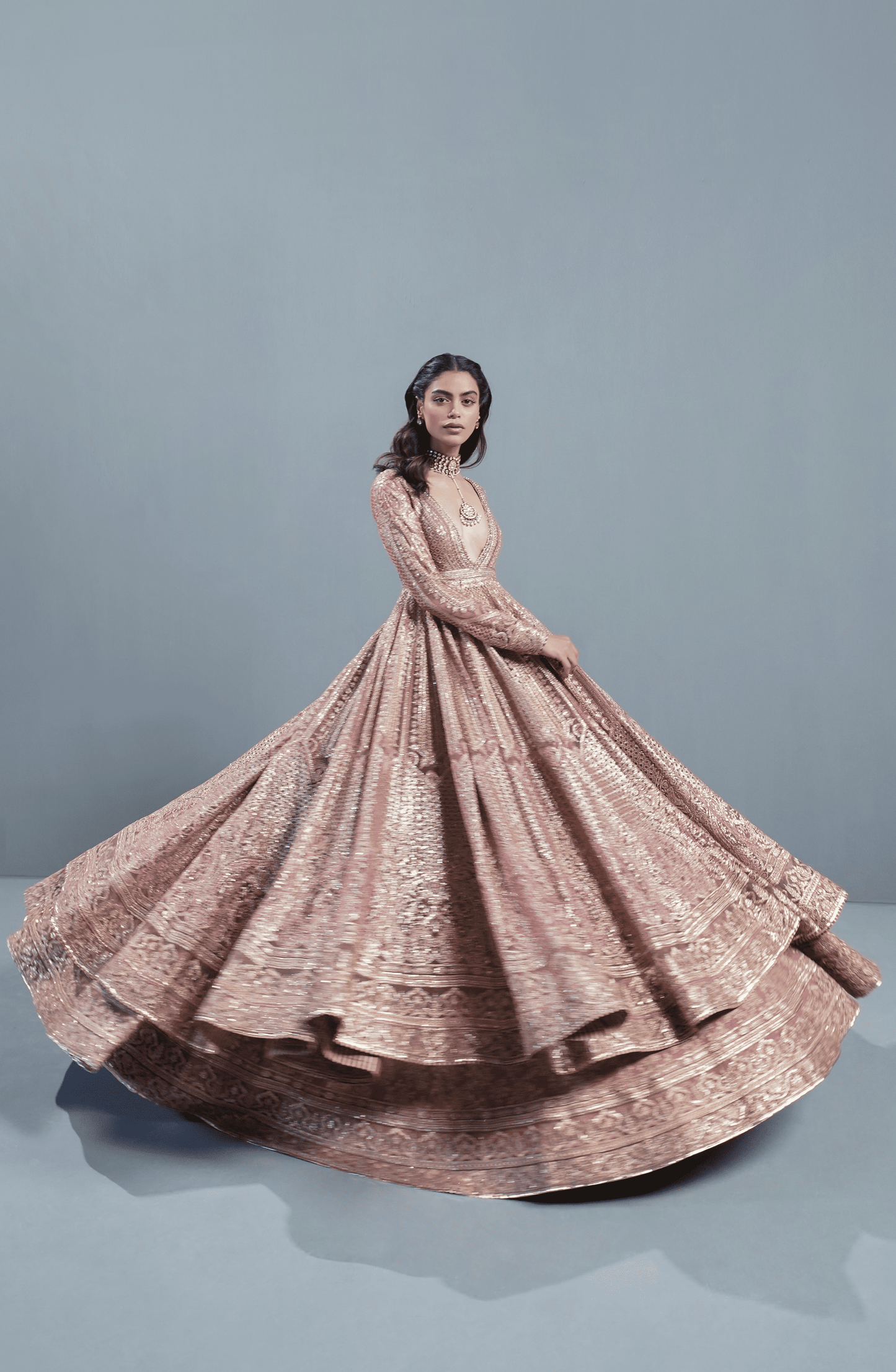 Indian wedding dresses USA-rose-gold-embroidered-pishwas-lehenga-set-traditional-style