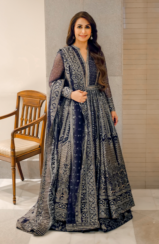 Reema Khan Wear HSY Bridal Dress-Full outfit view of stylish royal purple gown set for formal occasions