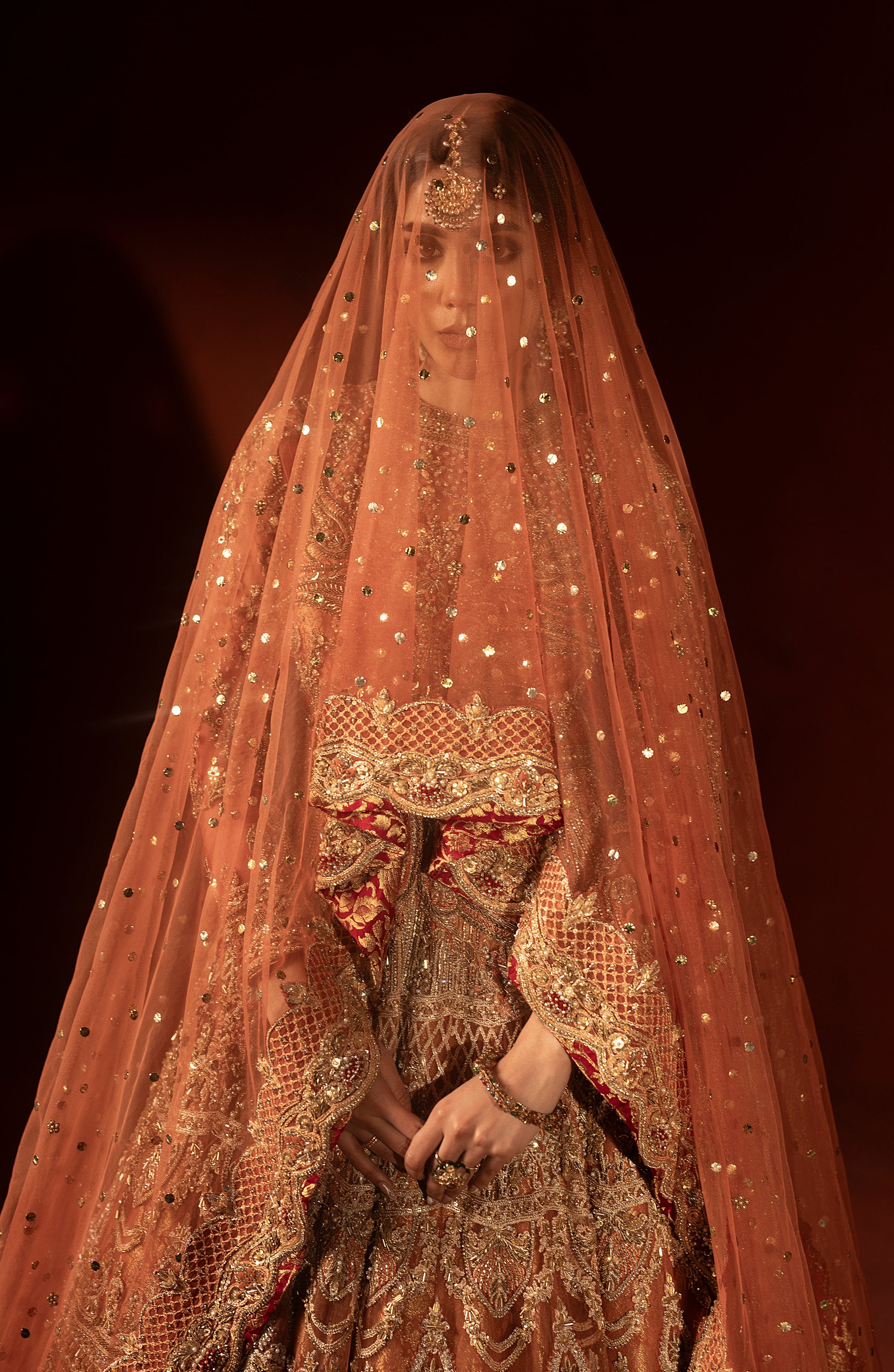 Border detailing on rust orange jamawar bridal lehenga