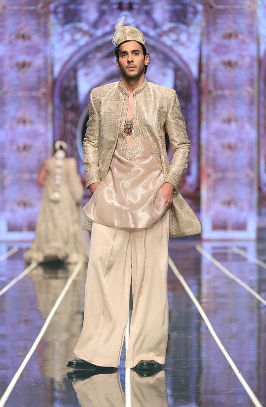HSY Short Tissue Sherwani With Kurta & Satin Pants-Front view of short tissue sherwani with kurta and satin pants