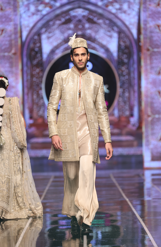 HSY Short Tissue Sherwani With Kurta & Satin Pants-Full outfit view of short tissue sherwani with kurta and satin pants set