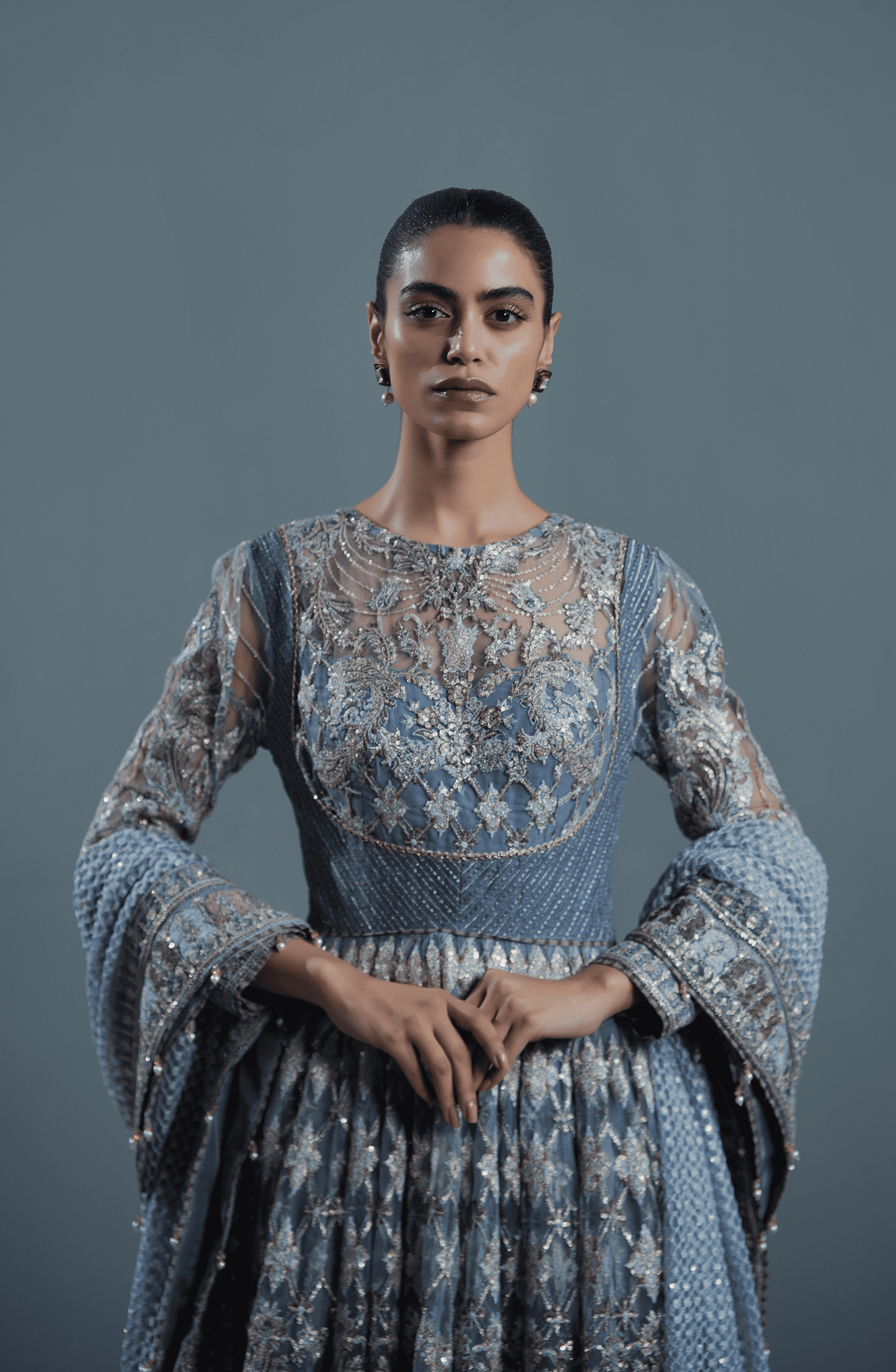 Pakistani Designer pishwas dresses in USA online-Closeup embroidery detail on Star Dust embroidered pishwas set